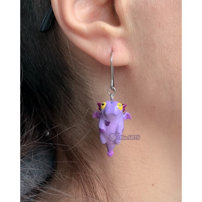 Earrings with a cute purple dragon