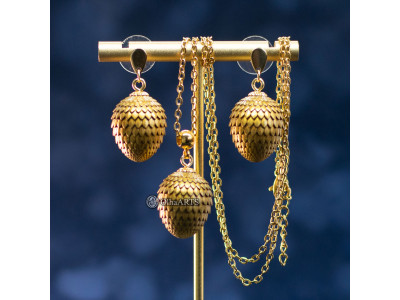 Set of Jewelry Golden Dragon Eggs. Pendant and Earrings