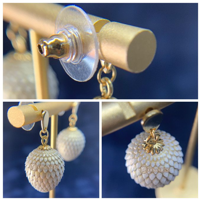 Set of Dragon Egg Jewelry in Pearl Color. Pendant and Earrings