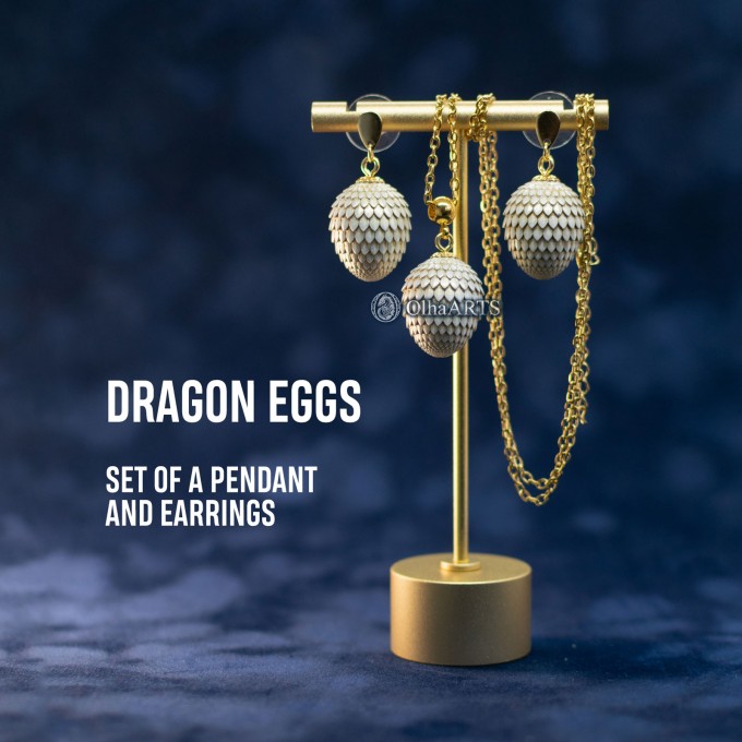 Set of Dragon Egg Jewelry in Pearl Color. Pendant and Earrings