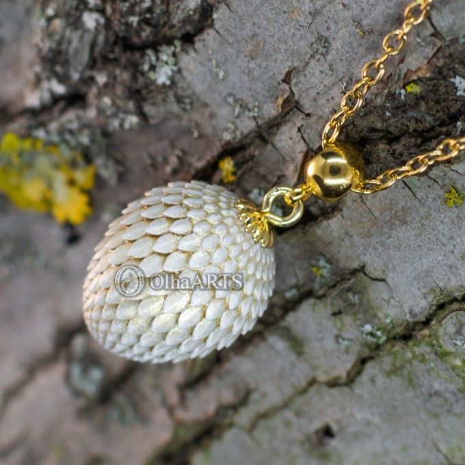 Set of Dragon Egg Jewelry in Pearl Color. Pendant and Earrings