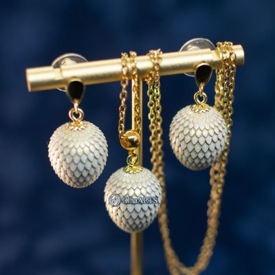 Set of Jewelry Dragon Eggs in Pearl Color. Pendant and Earrings