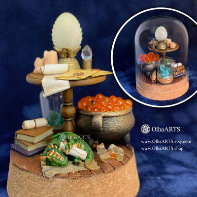 Fantasy Diorama Under Glass Dome, Wizard or Witch Study with Dragon