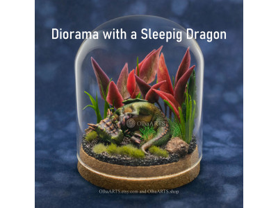 Green Sleeping Dragon Under Glass Dome, Fantasy Diorama in Terrarium