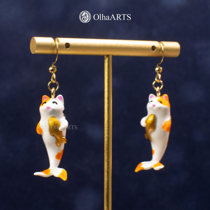 Cat mermaid earrings in koi color