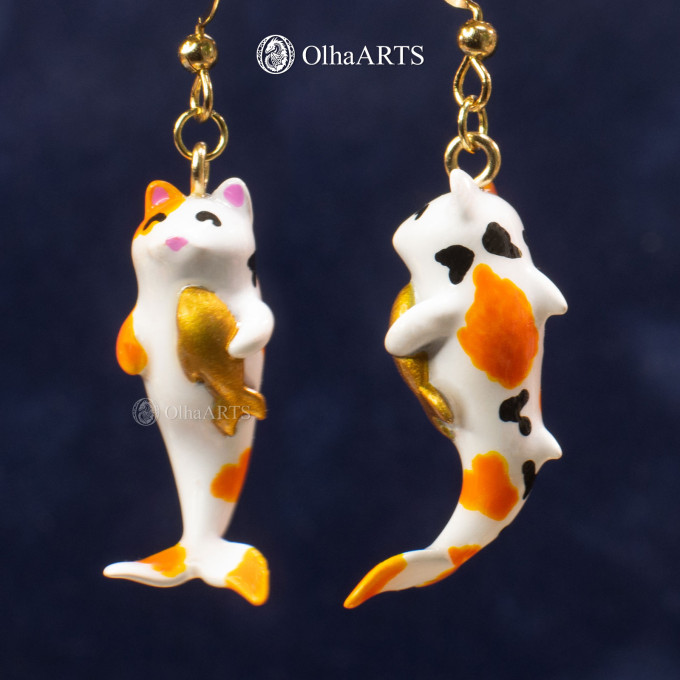 Cat mermaid earrings in koi color