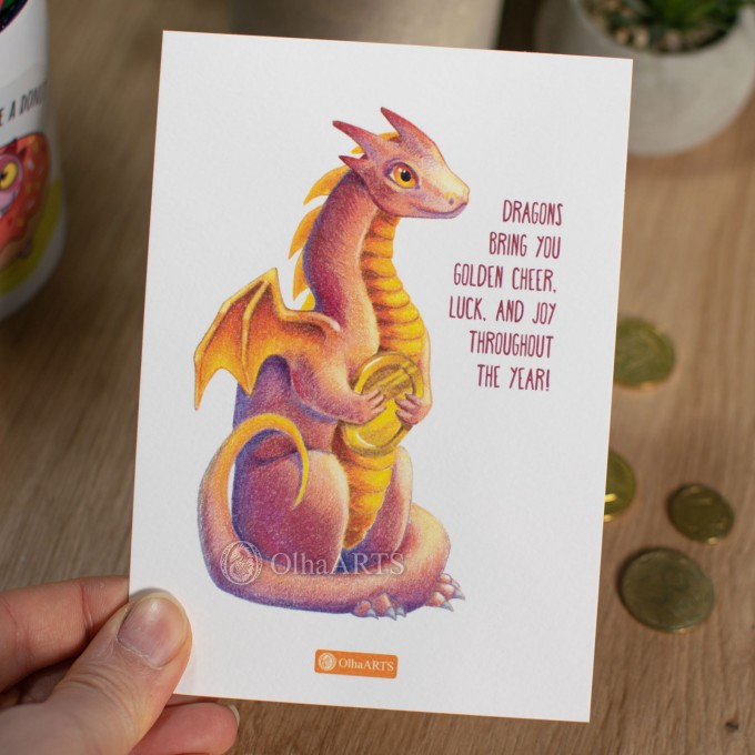 Postcard Dragon With A Coin