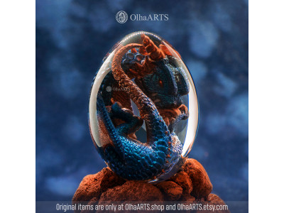 Dragon Egg with Spiral-Horned Baby Dragon in Blue and Copper Colors