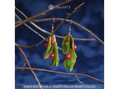 Drop Earrings with green leaves and red berries