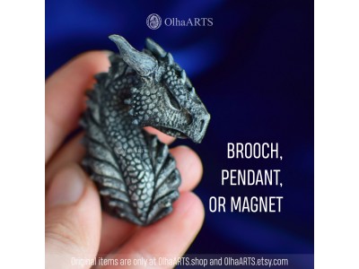 Stone Dragon Head, Fantasy Pendant, Magnet, Lapel Pin or Brooch