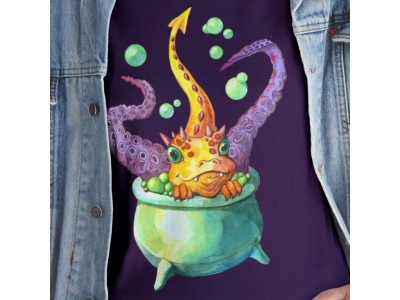 Unisex Cotton T-Shirt Baby Dragon Taking Bath in a Witch Cauldron