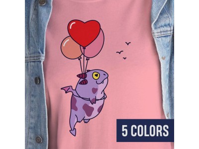 Dracow flying on balloons - Unisex t-shirt with cute purple dragon