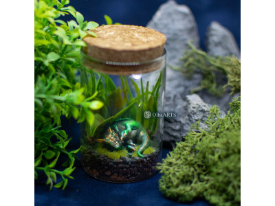 Little jar with a sleeping dragon, fantasy terrarium.