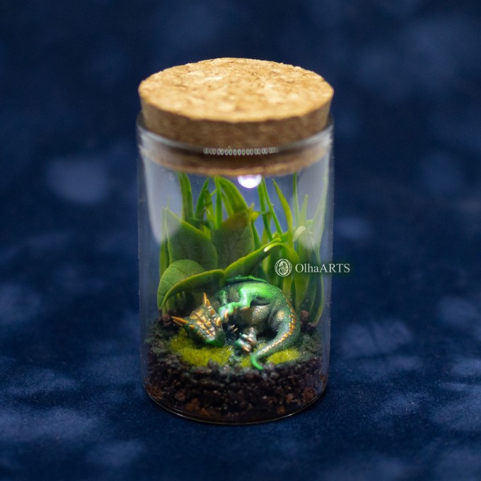 Small terrarium with a cute sleeping dragon