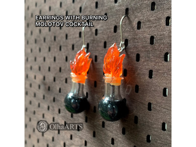Earrings with Burning Molotov cocktail