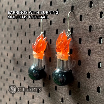 Earrings with Burning Molotov cocktail