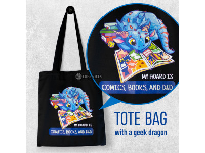 Tote Bag with Blue Dragon and Comic, D&D Geek Accessory, Reusable Shopping Bag