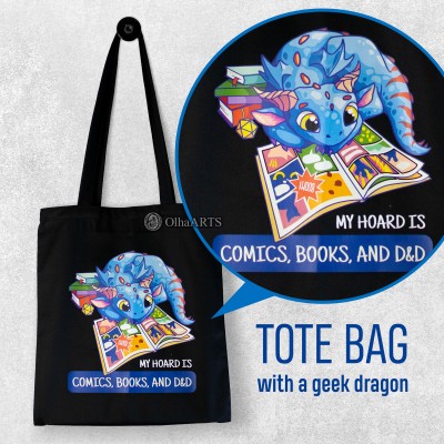 Tote Bag with Blue Dragon and Comic, D&D Geek Accessory, Reusable Shopping Bag